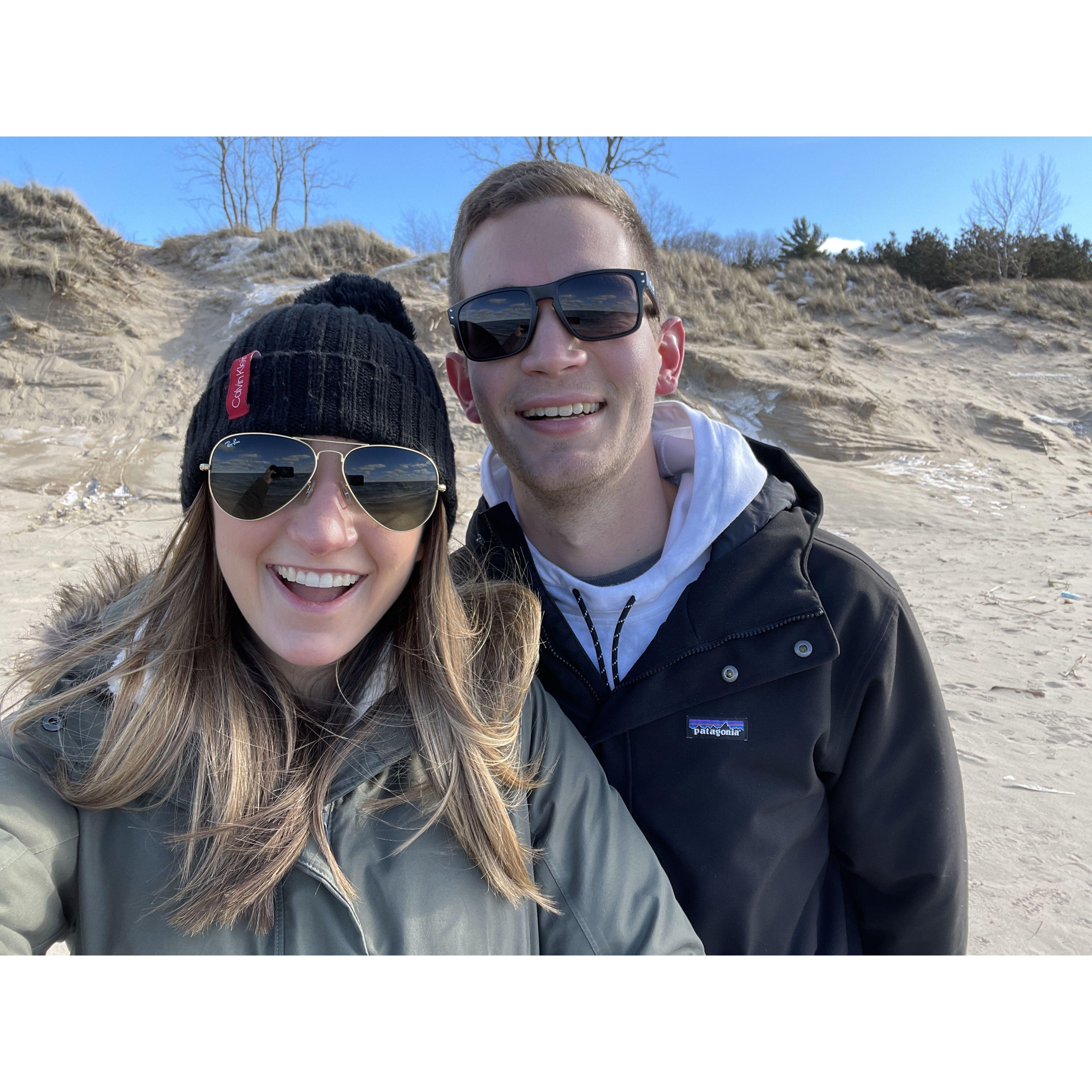 Enjoying a winter beach day in Saugatuck followed by a beer a big pretzel at the Mitten!
