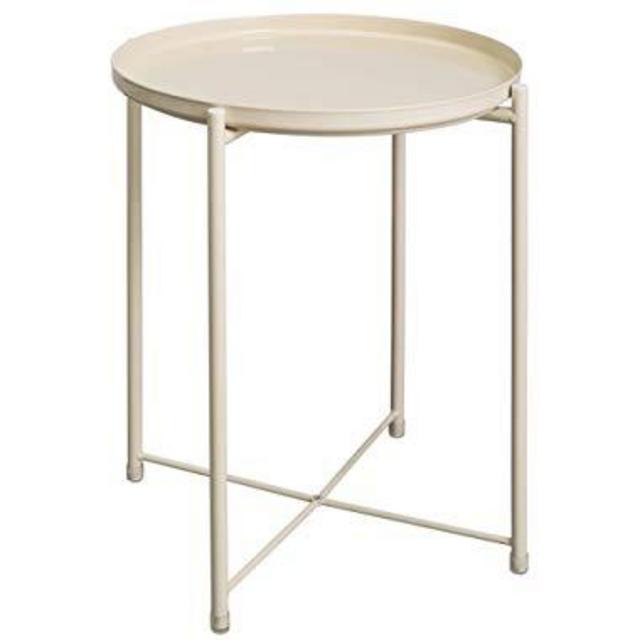 HollyHOME Tray Metal End Table, Sofa Table Small Round Side Tables, Anti-Rust and Waterproof Outdoor & Indoor Snack Table, Accent Coffee Table,（H） 20.28" x（D） 16.38", Cream-Colour