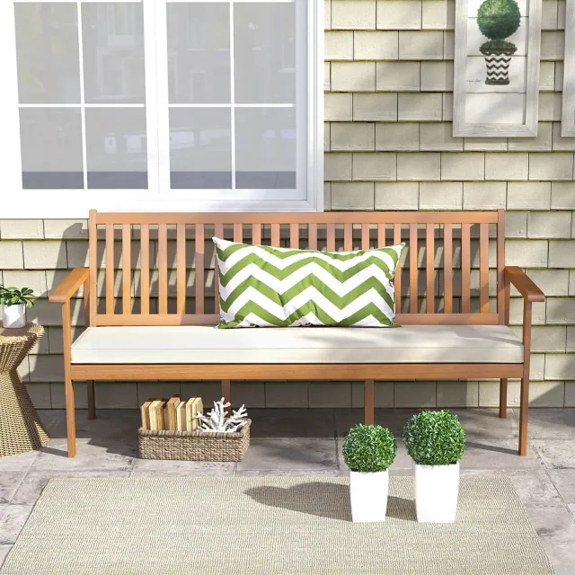 Costway Outdoor 3-Seat Wood Bench 64 Inches Extra Long Acacia Chair with Seat Cushion