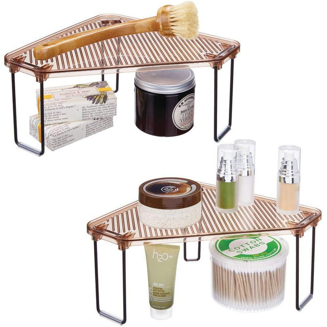 mDesign Corner Plastic/Metal Freestanding Stackable Organizer Shelf for Bathroom Vanity Countertop or Cabinet for Storing Cosmetics, Toiletries, Facial Wipes, Tissues, 2 Pack - Amber Brown/Bronze