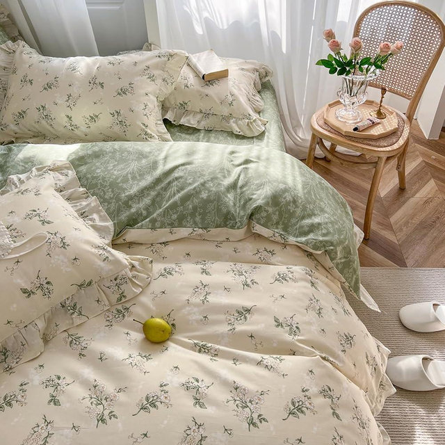 mixinni Reversible Sage Green Floral Duvet Cover Set Twin Size - 100% Cotton Soft Botanical Bedding with Ruffle Lace, 3 Pieces Cute Aesthetic Cottagecore Antique Style Quilt Cover Set for Girls Women