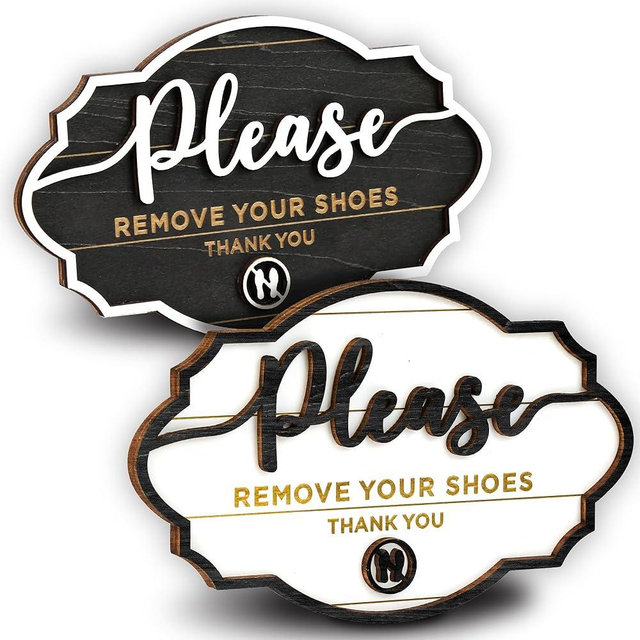 Woodamore Please Remove Your Shoes Sign - 2 Pack Take Your Shoes Off Sign For Front Door, No Shoes Sign For House, Take Off Shoes Sign Wooden Wall Hanging Signs For Home Office Decorations
