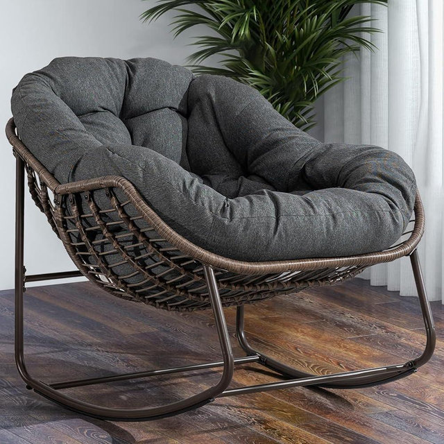 Thctvous 37” Papasan Rocking Chair with Cushion and Steel Frame, Oversized Outdoor Egg Rocking Chair, Rattan Circle Chairs for Grand Patio and Garden (Grey)
