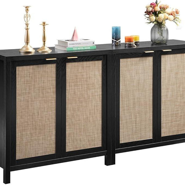 SICOTAS Black Sideboard Buffet Storage Cabinet - Boho Rattan Credenza Kitchen Coffee Bar Cabinet with Storage - Large Wood Cabinet Buffet Table for Dining Living Room Entryway - 2 Pieces