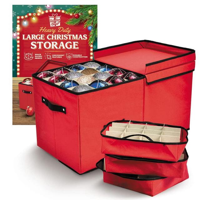 Holiday Cheer Premium Christmas Ornament Storage with 8 Tray - Christmas Storage Container with Dividers Perfect for Holiday Decorations - Fits 128 Holiday Ornaments - Tear-Proof Fabric (Red)