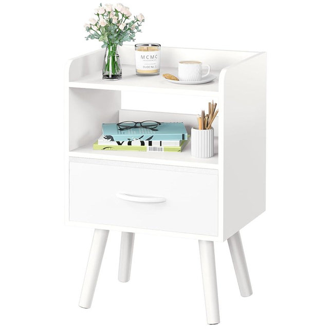 Yoobure Night Stand with Drawer, Modern Nightstand, Bedside Tables, Mid Century Nightstands with Open Storage Shelf, Wood Bedside Table, Small Night Stands for Bedrooms, 2-Tier Night Table