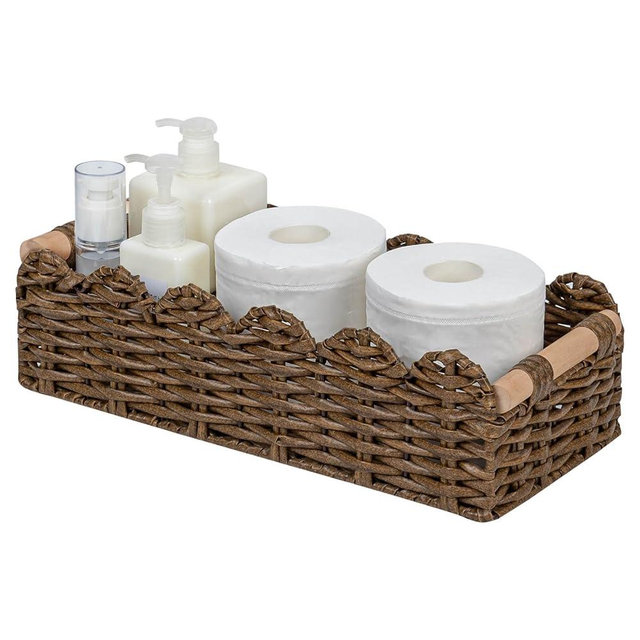 CubesLand PP Wicker Scalloped Edge Floating Shelves Baskets, Toilet Paper Basket for Over Toilet Storage Shelf, Ending Table, Cabinet Organizing and Home Décor, Rattan Basket with Wood Handle,Brown