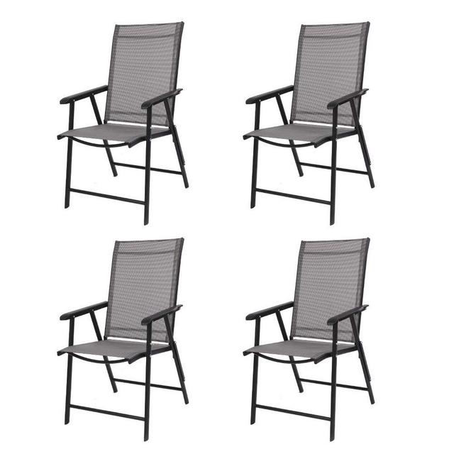 VINGLI Upgraded Set of 4 Folding Chairs with Arms, Portable Patio Chairs for Outdoor & Indoor, Sling Back Chairs for Lawn, Pool, Courtyard, Balcony & Garden (Grey)