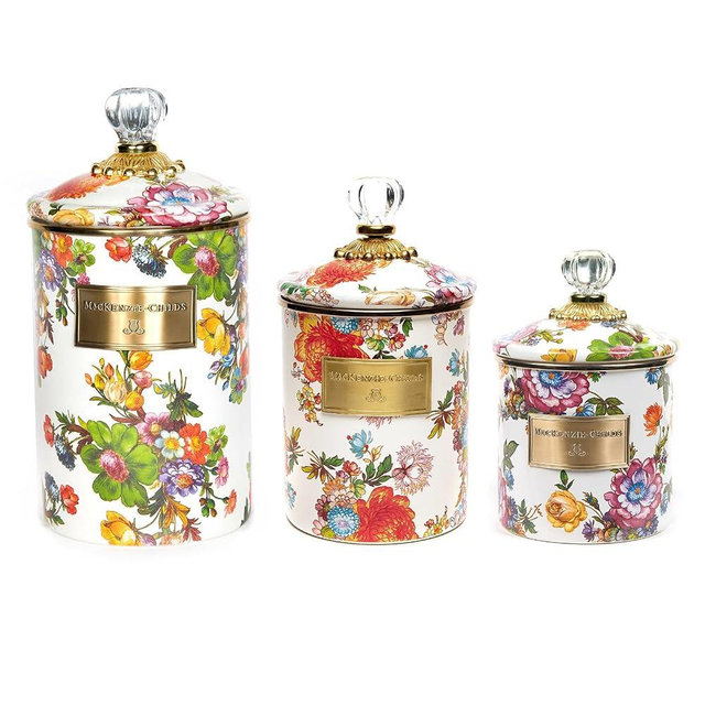 MACKENZIE-CHILDS Enamel Canister Set, Small (38 oz.), Medium (48 oz.), and Large (64 oz.) Kitchen Containers, White Flower Market
