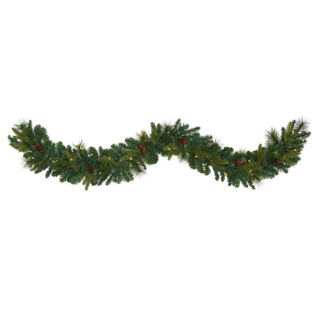 Mixed Pine and Pinecone Artificial Garland with 35 Clear LED Lights, 6ft