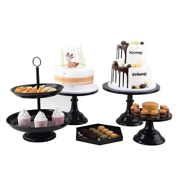 LIFESTIVAL 5 Pcs Black Cake Stands Set Metal Cupcake Holder Round Dessert Display Plate Serving Platter for Party Wedding Brithday Baby Shower Celebration Home Decoration