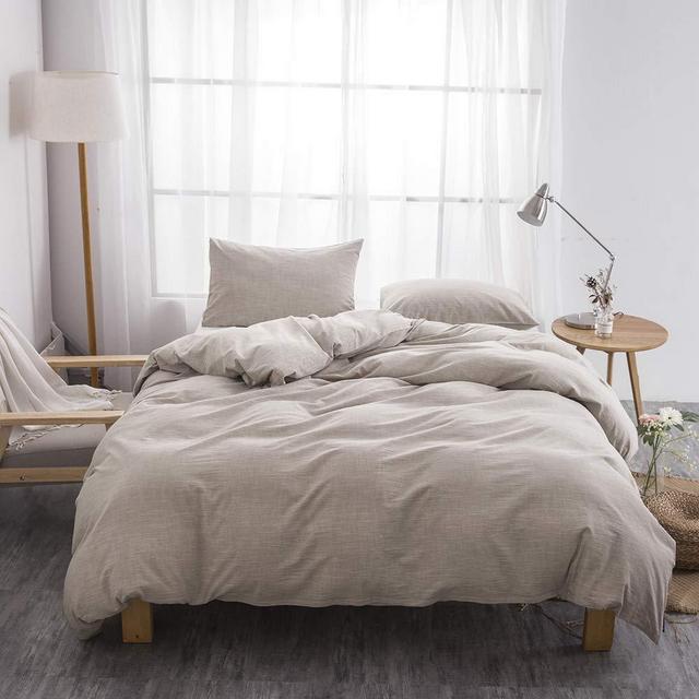 BFS HOME Stonewashed Cotton/Linen Duvet Cover Queen, 3-Piece Comforter Cover Set, Breathable and Skin-Friendly Bedding Set (Khaki, Queen)