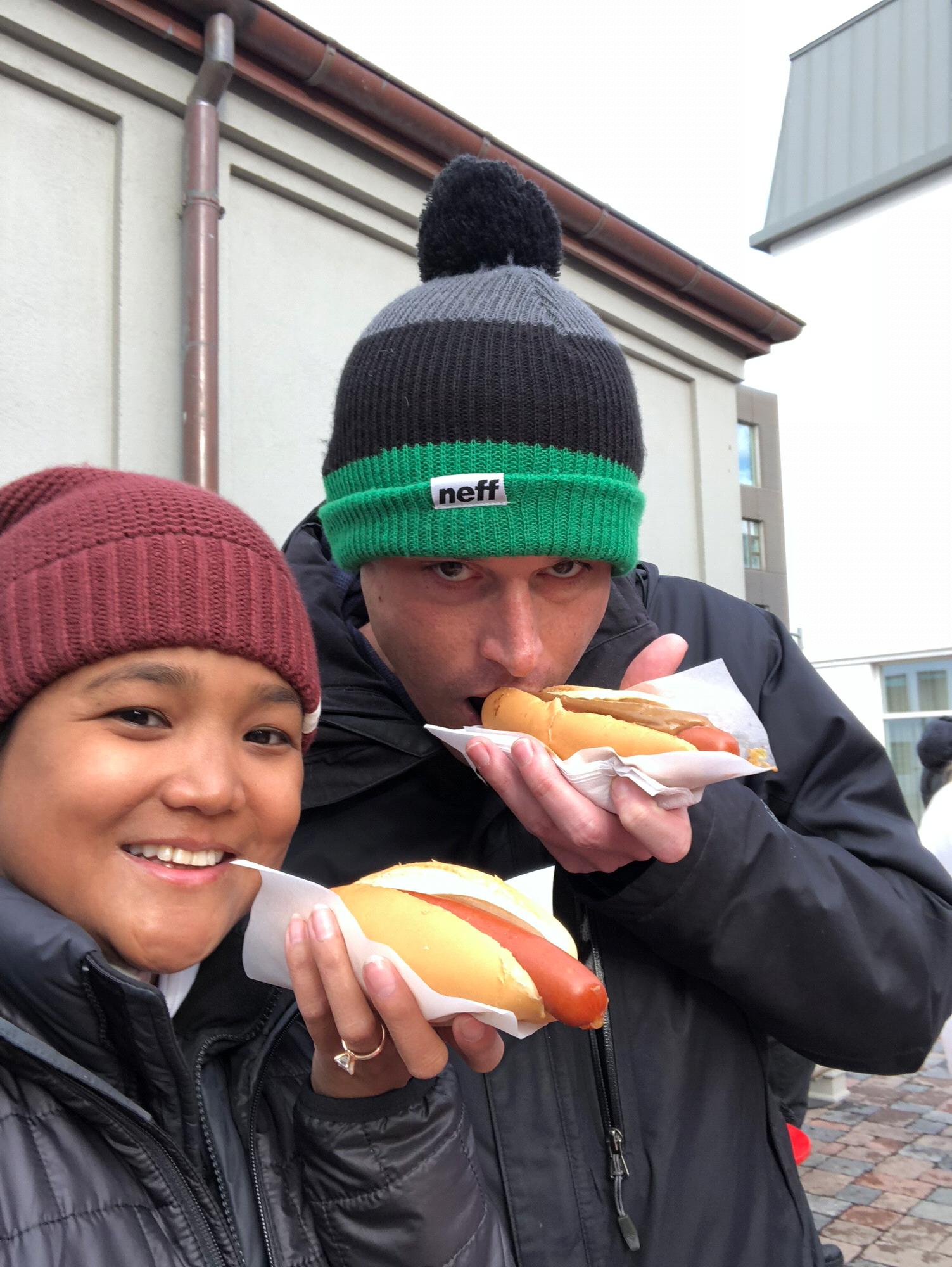 Enjoying the famous Icelandic hot dog
