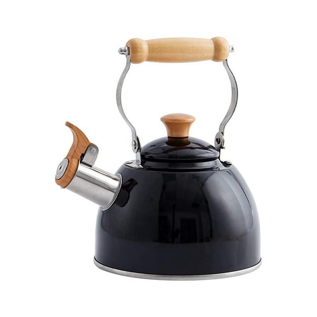 ROCKURWOK Whistling Tea Kettle, 1.6 QT / 50 OZ, Black Teapot, Universal Base for Induction | Gas | Electric | Halogen | Radiant, Wooden Handle, Vintage