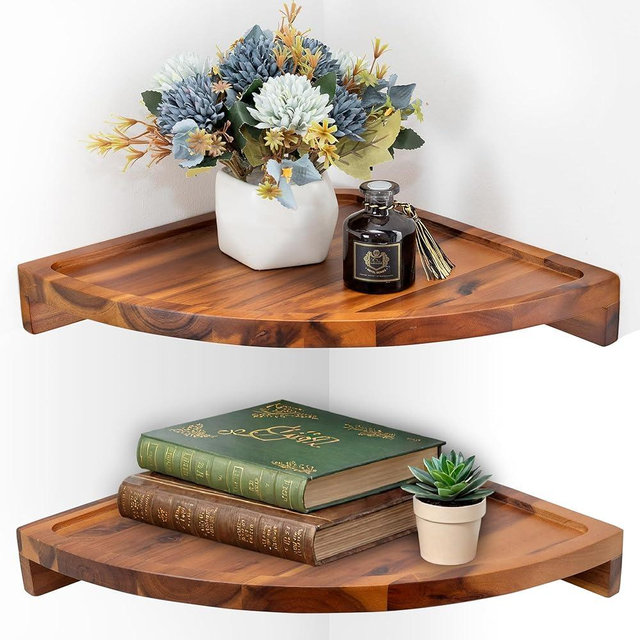 Demigo Floating Round Corner Shelves for Wall 2pcs - Acacia Wood Wall-Mounted Storage Shelves for Home Decor, Space Saving Displays for Living Room, Kitchen, Office, and Bedroom (Natural Brown)