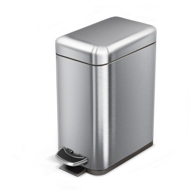 Home Zone Living 1.3 Gallon Slim Stainless Steel Trash Can with Step On Pedal and Soft Close Lid, Silver