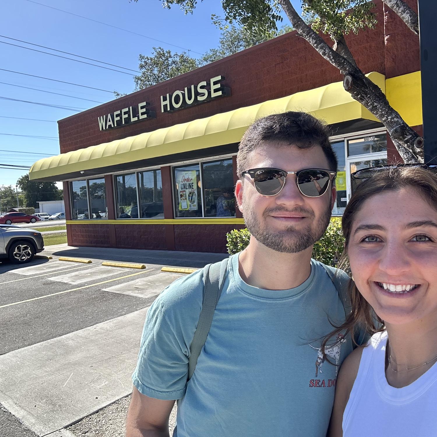 Wills first time at Dominique’s favorite restaurant, Waffle House - very important