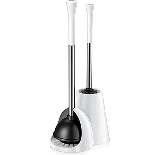 Homemaxs Toilet Plunger with Brush -【2021 Newest】 2-in-1 Plunger and Toilet Brush Combo with Holder- Heavy Duty Plunger Set with 304 Stainless Steel Handle & Patented Water Storage Design