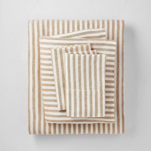 Queen 100% Washed Linen Printed Sheet Set Brown Stripe - Casaluna™