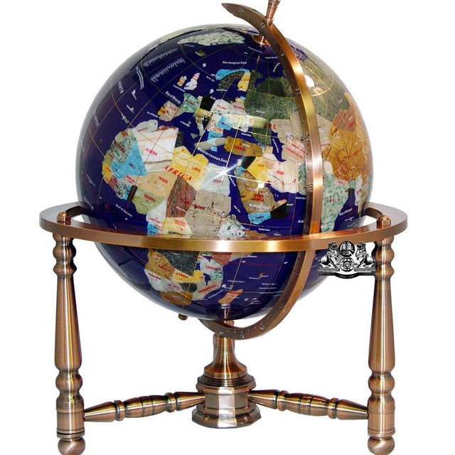Unique Art 19-Inch Tall Blue Lapis Ocean Table Top Gemstone World Globe with Copper Stand w USA Divided State Stones and Divided Canadian Provincial Stones