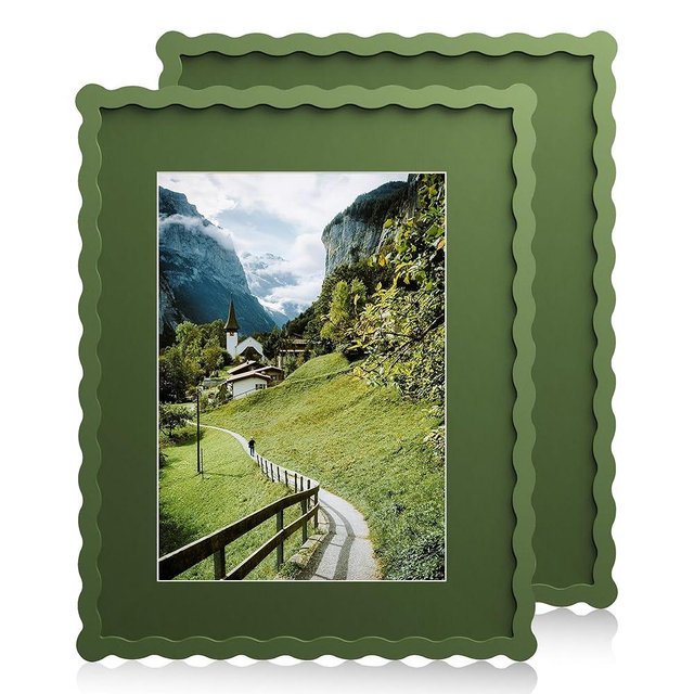 Chrspk 11x14 Wavy Picture Frame With Mat For 8x10, Wavy Edge Wooden Picture Frame with Real Glass - Wall Mount Display, Green, 2 Pack