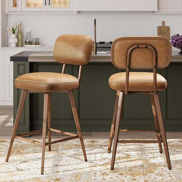 MALOL Swivel Bar Stools Set of 2, Mid Century PU Leather Counter Height Bar Chairs with Low Back and Metal Legs, Modern Bar Stool Chair for Kitchen Island, Brown