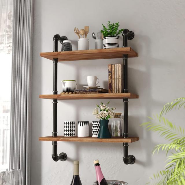 Industrial Pipe Shelving Rustic Wood Floating Shelves 3 Tiers Modern Wall Mount Bookshelf(Black,24 inch)