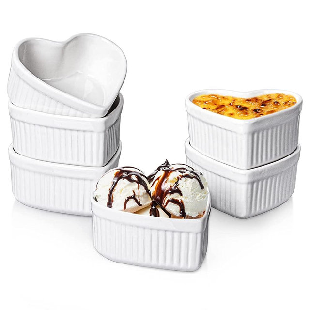 Delling Creme Brulee Ramekins 6 Oz Oven Safe, Heart Shaped Ramekins/Bowls, Small Baking Ceramic Ramekins Dishes for Creme Brulee Souffle Desserts Soups Snacks Quiche Appetizers, Set of 6, White