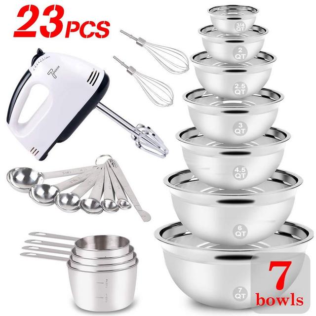 WEPSEN 23PCS Stainless Steel Mixing Bowls Set Electric Hand Nesting Mixer Bowl Measuring Cups and Spoons Bread Cake Cookies Baking Prepping Kitchen Gadgets Supplies Tools for Starter Beginner