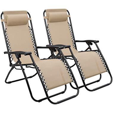 Devoko Patio Zero Gravity Chair Outdoor Folding Adjustable Reclining Chairs Pool Side Using Lawn Lounge Chair with Pillow Set of 2 (Beige)