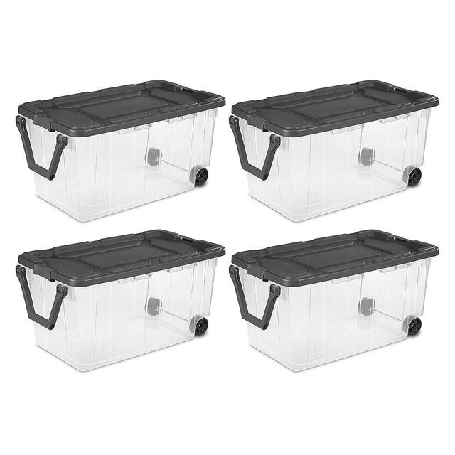 Sterilite 160 Quart Latching Stackable Bedroom Closet Playroom Wheeled Storage Box Container Bin with Gray Lid and Clear Sides, 4 Pack