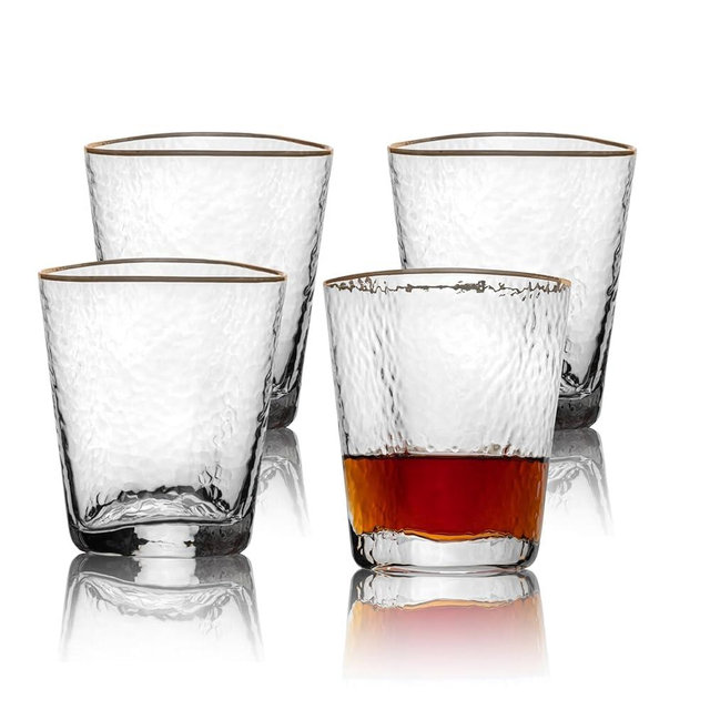 Gold Rim Whiskey Glasses Set 4 10 oz Triangular Shaped Hammered Glass Bourbon Glasses Single Malt Scotch Old Fashioned Glass Drinking Glasses Set of 4 Unique Whiskey Glasses Whiskey Gifts for Men