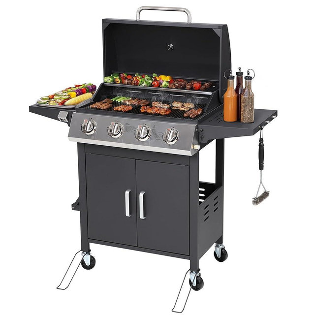 4-Burner Propane BBQ Grill, Stainless Steel Outdoor Gas Grill with 40,000 BTU, Porcelain-Coated Grates and Foldable Side Shelves, Perfect for Patio & Backyard Cooking (Black)