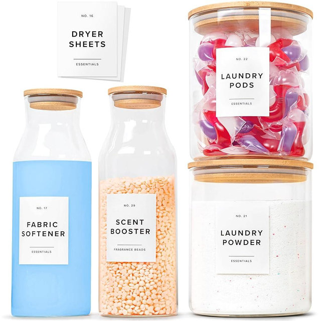 Glass Laundry Detergent Dispenser Containers with 36 Labels - Glass Jars with Lids - Laundry Room Organization - Storage Containers for Detergent, pods, liquid Fabric softener, Scent Booster Set of 4