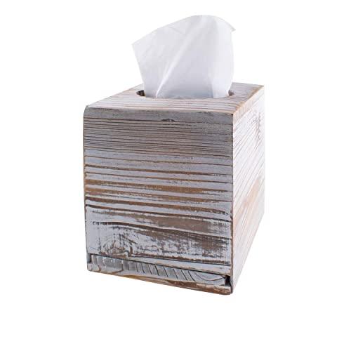 Hiyoo Square Tissue Box, Brown Cover Decorative Rustic Wood Cube Tissue Holder with Slide-Out Bottom Panel for Living Room Napkin Box Carton Paper Cube Box Office Bathroom Living Room (No Tissue)