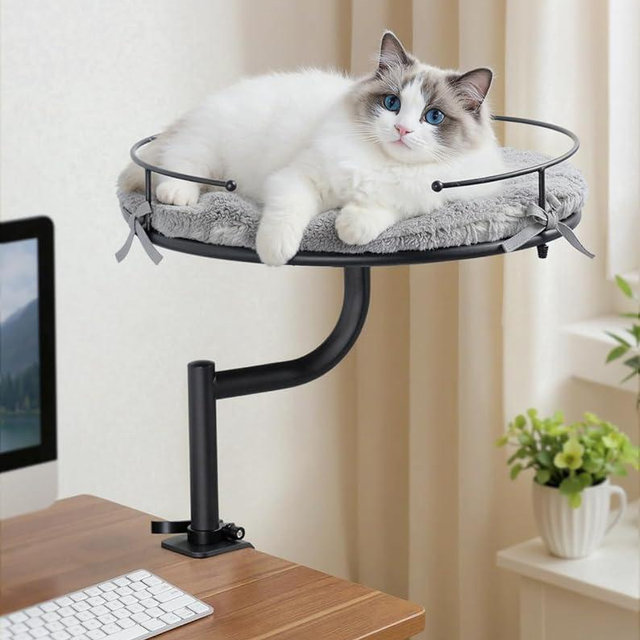 Cat Desk Bed, 360°Rotation & Height Adjustable Cat Bed for Desk Holds up to 40lbs, Machine-Washable Plush Cover