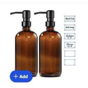 Behome 2 Pack Glass Soap Dispenser with Labels, 17 Oz Amber Hand Soap Dispensers with Stainless Steel Pump, for Essential Oil, Lotion Soap