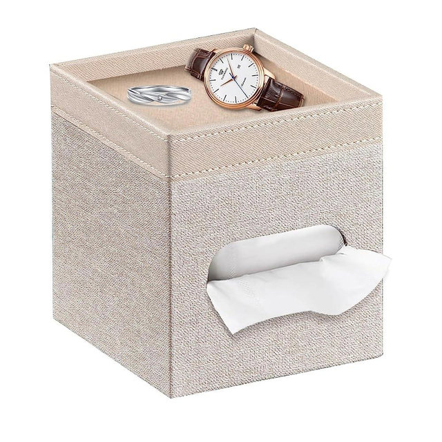 Tissue Box Cover Square, PU Leather Tissue Cube Box Holder with Storage Valet Tray, Decorative Tissue Holders, Modern Tissues Case Napkin Dispenser Facial Paper Organizer for Bathroom Vanity
