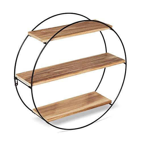 Hiibrid Modern Round Floating Shelf - Wall Decor - Black Metal Frame - Farmhouse - Bathroom Accent - Knick Knacks, Toys, Books - Geometric Shelving - Living Room, Bedroom - Wooden Planks