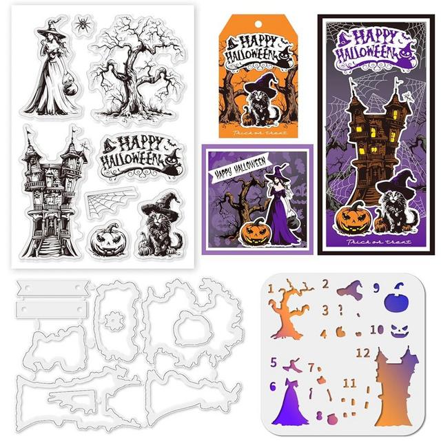 ACRNIGHEET 3PCS Halloween Stamps and Dies Set Layered Stencil for Card Making Halloween Theme Clear Stamps and Metal Cutting Dies for Paper Crafting Witch Castle Painting Stencil for DIY Scrapbooking