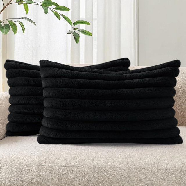 Pallene Faux Fur Plush Lumbar Throw Pillow Covers 12x20 Set of 2, Luxury Soft Fluffy Striped Decorative Pillow Covers for Sofa, Couch, Living Room, Black