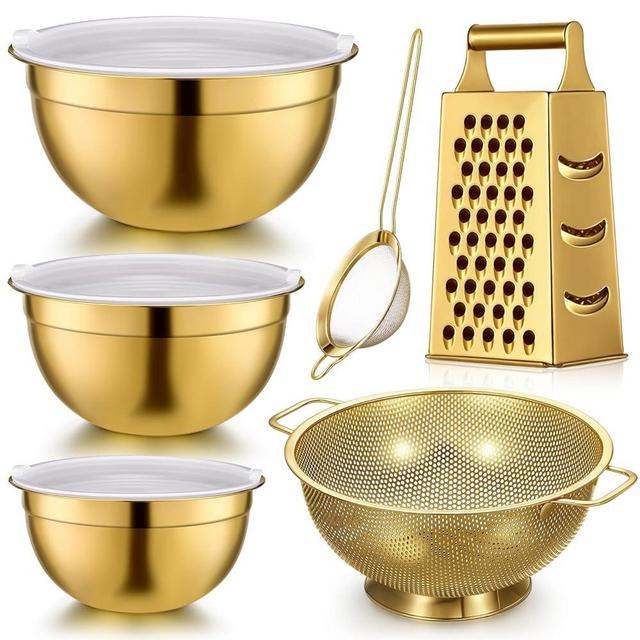 Baderke 6 Pcs Gold Kitchen Accessories Set, Includes 2.8, 3.7, 5 Qt Mixing Bowls with Airtight Lids, 4 Qt Stainless Steel Gold Colander, Grater Slicer with Handle and Fine Mesh Strainer for Kitchen