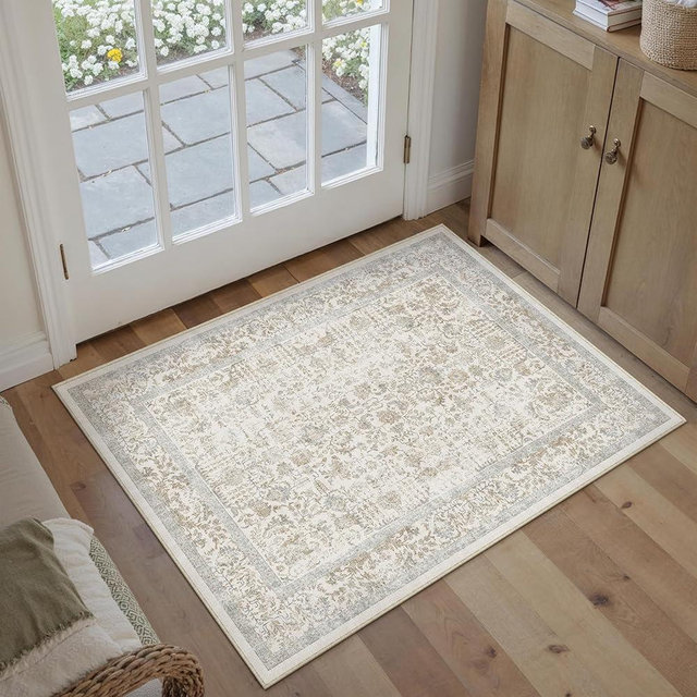 PureCozy Taupe Entryway Area Rug 2x3 Door Mat Machine Washable Kitchen Vintage Distressed Non Slip Carpet Indoor Retro Floral Accent Throw Small Rug for Bathroom Office Bedroom Dining Living Room