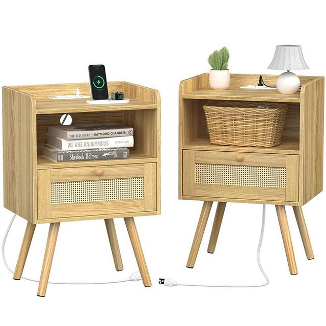 SUPERJARE Nightstand Set of 2, Rattan Nightstands with Charging Station & PE Rattan Decor Drawer, Bed Side Table with Solid Wood Feet, End Table, Side Table, for Bedroom, Dorm - Natural