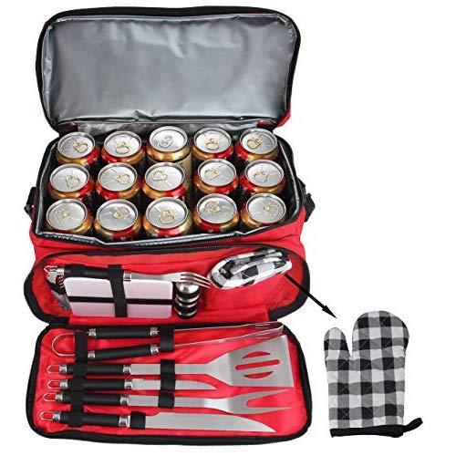 POLIGO 12pcs Stainless Steel BBQ Grill Tools Set with Red Insulated Waterproof Cooler Bag for Camping - Premium Barbecue Grilling Accessories for Christmas Birthday Gifts Ideal Presents for Men Women
