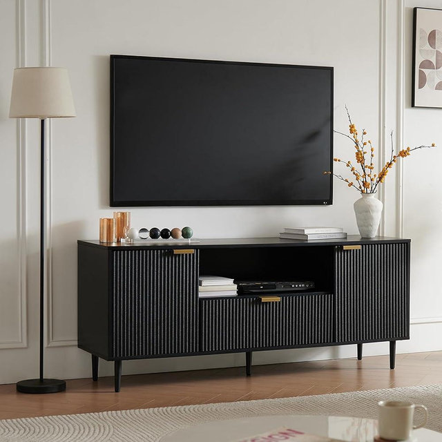 Okvnbjk Black TV Stand for 65 Inch TV, TV Consoles for Living Room, TV Stand for Bedroom w/Drawer and Storage, Wood Fluted Panel Media Console, Entertainment Center w/Soft Hinge & Cable Management