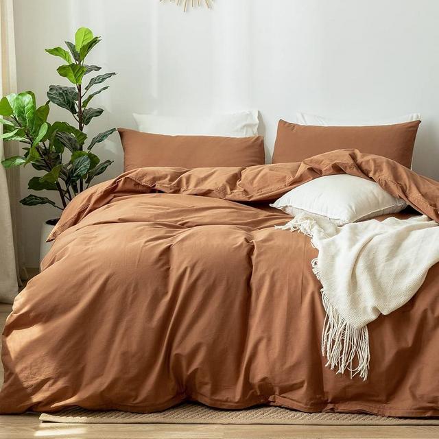 MooMee Bedding Duvet Cover Set 100% Washed Cotton Linen Like Textured Breathable Durable Soft Comfy (Dark Orange, Super King)