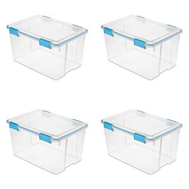 Sterilite 19344304 54 Quart/51 Liter Gasket Box, Clear with Blue Aquarium Latches and Gasket, 4-Pack