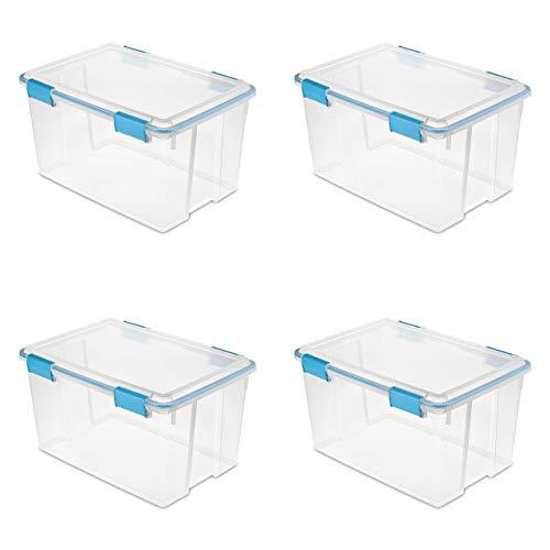 Sterilite 19344304 54 Quart/51 Liter Gasket Box, Clear with Blue Aquarium Latches and Gasket, 4-Pack