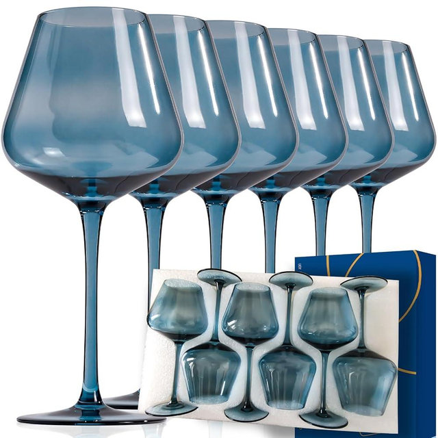 CLUSIVC Blue Wine Glasses Set of 6 - Crystal Hand Blown Burgundy Wine Glasses 18oz Lead-Free, Perfect Gifts for Wine Lover, Bar glasses sets for the home, Wedding, Party, New Year Gifts